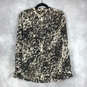 TravelSmith Blouse Womens Medium Gray Animal Print Excellent Ruffle Button‎ Up